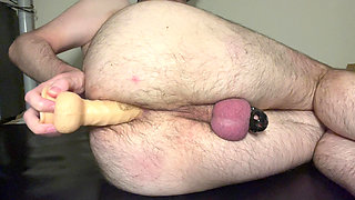 First time Anal organs while caged using dildo