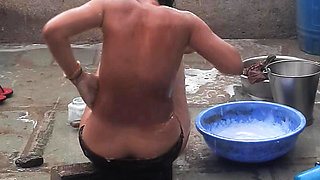 My elder sister-in-law&#039;s stepsister is bathing naked in red tights in the open bathroom at my house