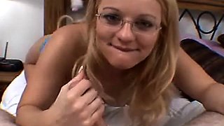 Buxom blonde wife with glasses worships and fucks a long pole in POV