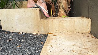 New Flip Flops on My Pretty Feet with Long Toes in Outdoor, Red Toenails Polish