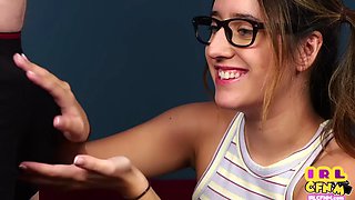 CFNM amateur 21yo with glasses sucks cock till cumshot