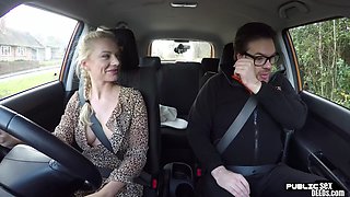 Busty babe driving student publicly fucked outside in the car