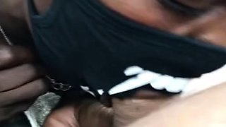 Black girl with mask blowjob in the car