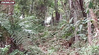 Beautiful young girl enters the woods with gifted tattooed and has a surprise