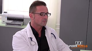 Voluptuous nurse Anna Polina gets big tits & tight ass fucked by two studs