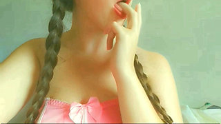 horny and naughty student showing her tongue , mouth watering and masturbation