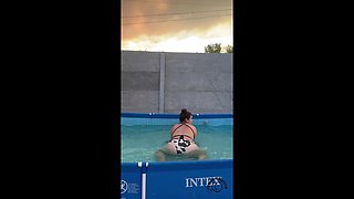 Cowgirl Swimsuit Farting in the Pool Outside