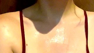 Teen brunette cheerleader squeezes boobs and masturbates