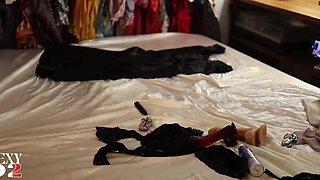 1914 - French Amateur Slut Clothed in a Black, White & Grey Satin Dress Panty Rubbing Andrimming