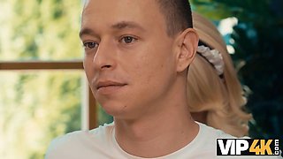 Vip4k. mature cougar in maid costume cleans with her tongue