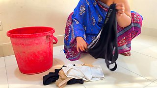 While the Desi Stepmom Washes Bra & Panties, Stepmom Took off the Stepson's Pants and Naked Him, Then Asks Him to Fuck Her - Cum