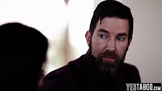 Full-bosomed gold digger fucks BF and stepdad