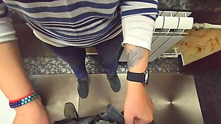 Public bathroom pussy rubbing of a perv MILF with cumming in her red panties