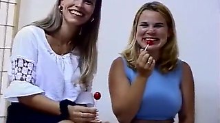 Blonde And Brunette Babes Get Pussies Drilled By Two Men After Licking Lollipops