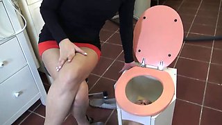 Toilet trash for pedicures and spit!  Madame Carla degrades her old slave as a pedicure slave and spittoon!