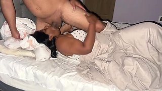 Stepdad wakes up in stepdaughter's bed and creampies her tight pussy