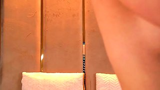 Hot babe with perfect big boobs taking shower