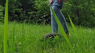 Shy Brunette Pee Outdoor and Rubs Her Wet Pussy and Pee on a Rock