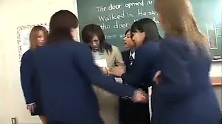 Japanese schoolgirl humiliates her teacher and has fun with her.