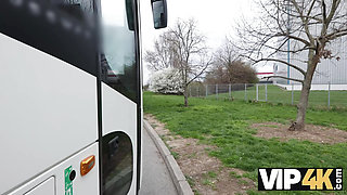 VIP4K. Pretty big titted lady is fucking in the bus