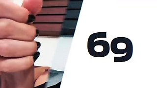 Busty brunette ladyboy in black lingerie strokes her hairy