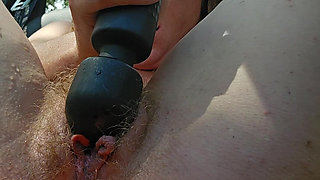 Redhead Fucks Ass and Hairy Pussy Outside Squirting Hard