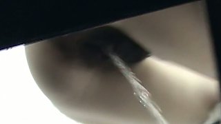 Slender chick with extremely hairy dirty pussy pisses in the toilet