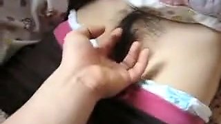 Sleeping Asian receives unshaved soaked crack fingered