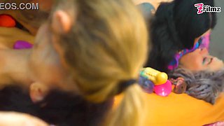 4 alternative CUTE LESBIANS in crazy colorful TOY ORGY fucking each others cunts and ASS