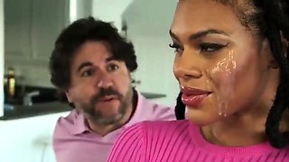 Sexy ebony stepmom lets stepson fuck her all over the house