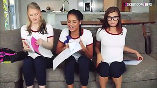 Three lovely teens invited the foreign boy, teaching him English words, including sucking and fucking demonstration.