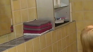 Pretty blonde gets caught masturbating and fucks guy with huge dick in the office