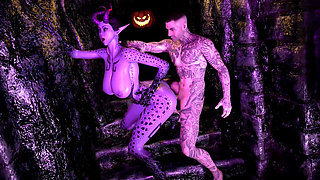 Halloween. Fantasy Tattooed Guy Fucks Sexy Devil with a Big Cock.