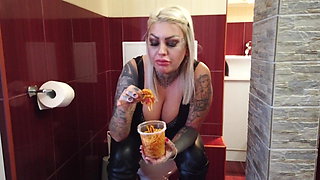 Blonde Tattooed Lady Eating Spaghetti