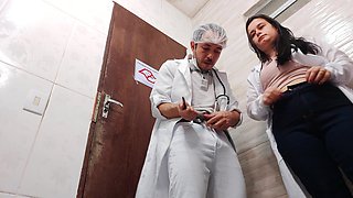 Nurse Takes off Condom While Having Sex with Asian Doctor in Hospital Bathroom