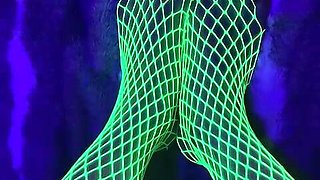 Tiny Asian Feet with Long Toes in Green Neon Fishnet