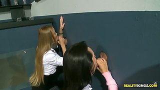 Ava Addams, Diana Doll, Nikki Delano and Franceska Jaimes sucking four cocks from the wall holes