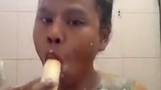Asian Girl Shower And Sucking Banana In Bathroom