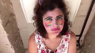 Chubby Sub Gagged and Face Fucked in Toilet, Swallows Cum and Piss