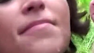 Very tattooed girl pussy fucking outside threesome