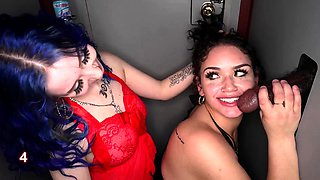 Wild gloryhole interracial sex party with two horny sluts