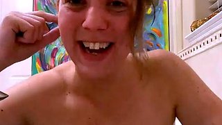 Small titted brunette teen fingering on the bed