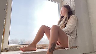 Public masturbation by the window, seducing passers-by.