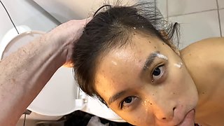 Asian schoolgirl gets a messy creampie in the bathroom by the hatch