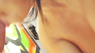 Hot girl with big tits sucks a cock
