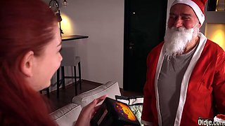 Old Santa has sex with petite teen and fucks her mouth