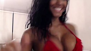 Busty curly brunette with big boobs fucks on couch