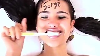 Brushing Latina Babe's Teeth With Cum