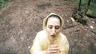 Black Lynn in a yellow raincoat sucks me outdoors in the rain