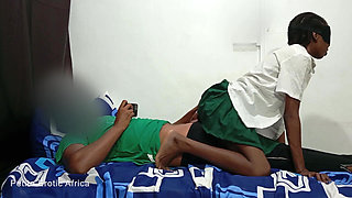 Petite African Teen Lovet Rides Cowgirl and Takes Big Dick Standing in School Uniform